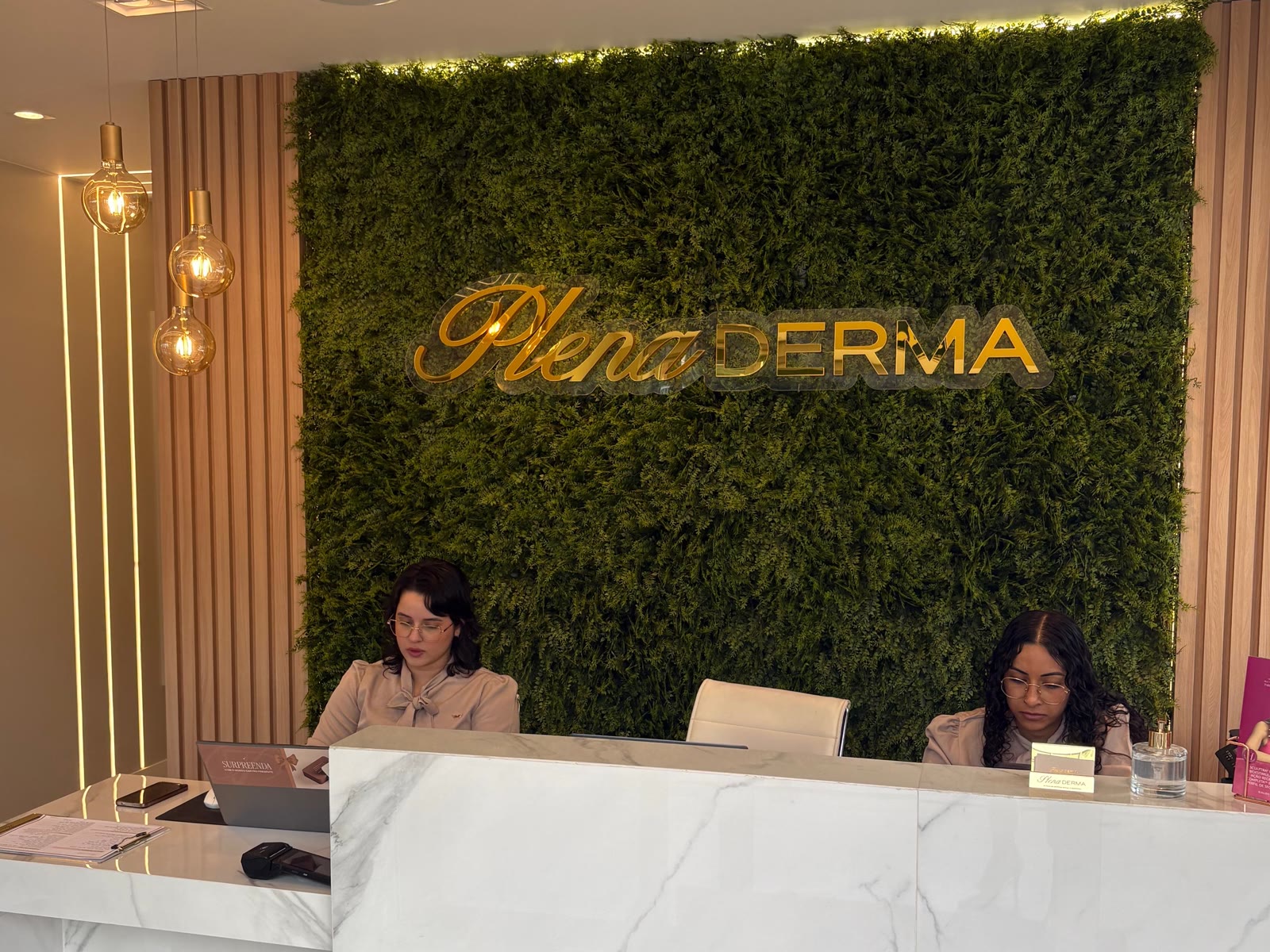Recepção da Plena Derma: jardim vertical, logo dourado e balcão de mármore