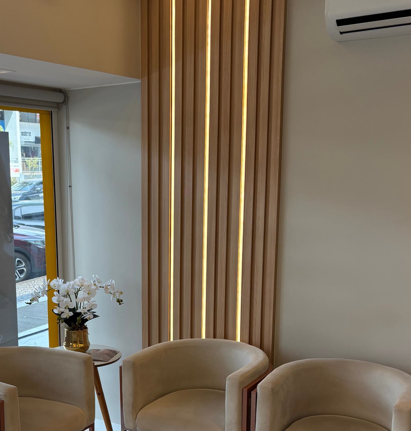 Sala de espera da Plena Derma com poltronas e orquídea